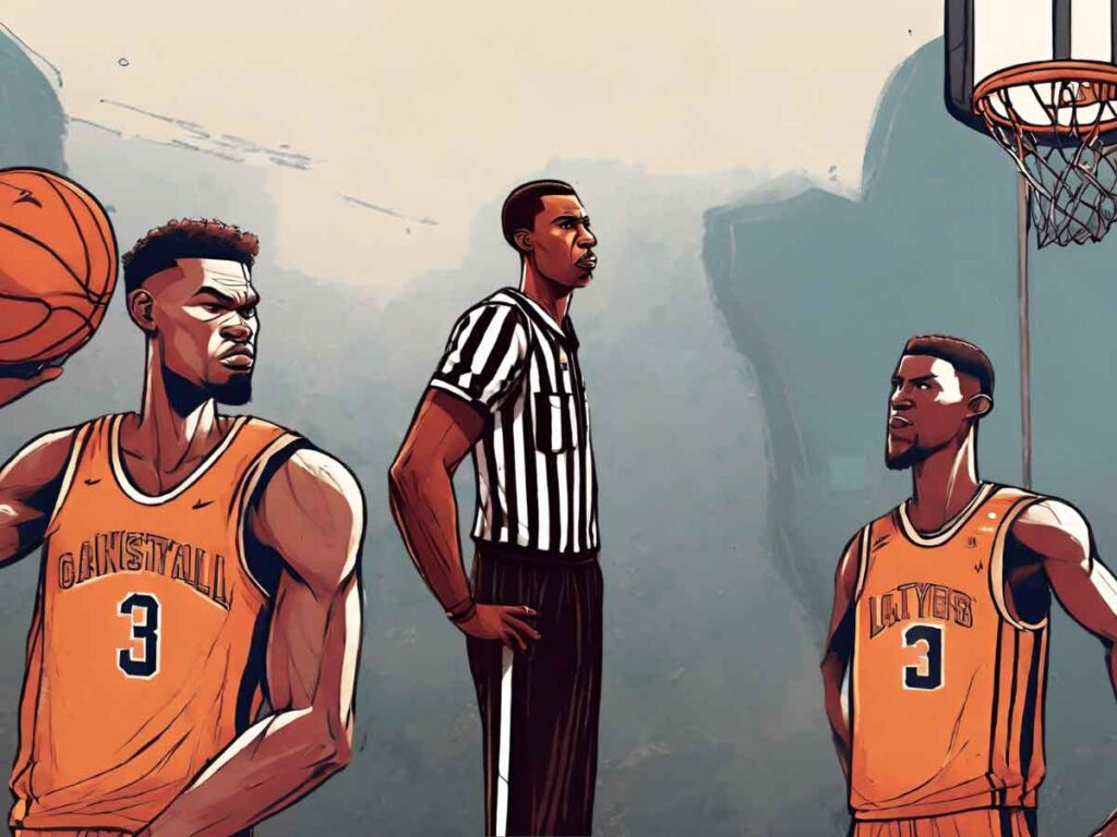 An illustration of basketball players and a referee.