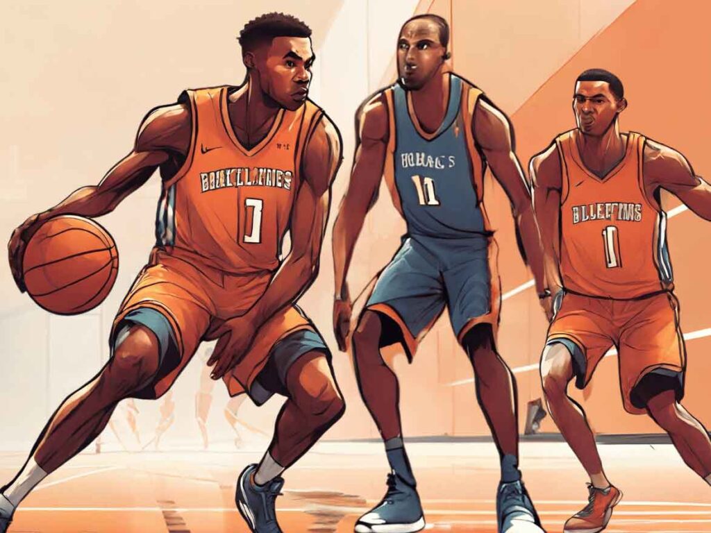 An illustration of basketball players executing a drag screen.