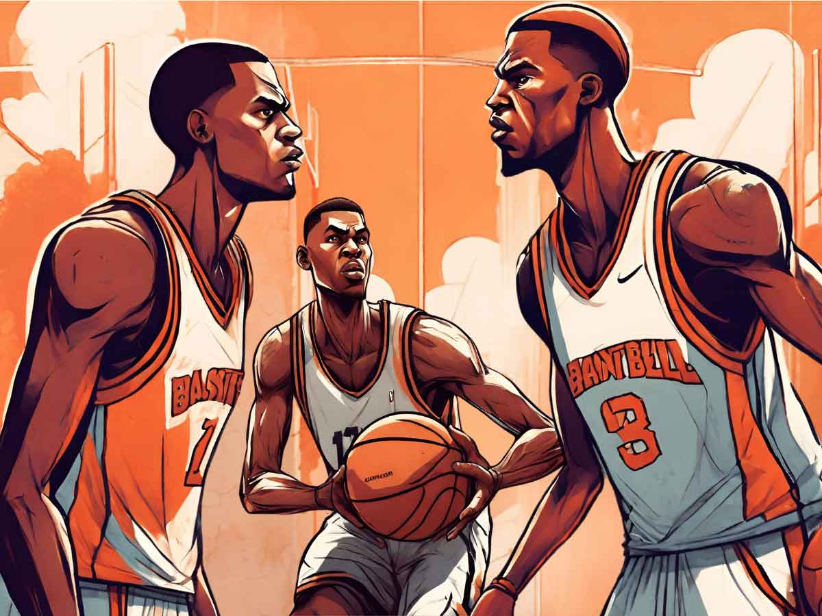 An illustration of three teammates executing an elevator screen in basketball.