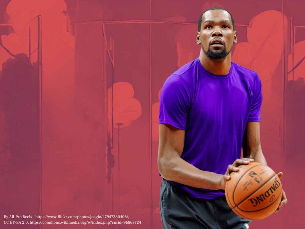 A photo of Kevin Durant preparing to shoot over a red background.