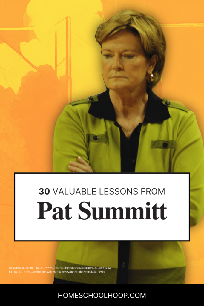 A photo of coach Pat Summitt. Behind her is a vibrant orange background. Overlay text reads: 30 Valuable Lessons From Pat Summitt