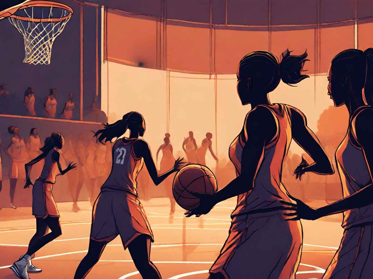 An illustration of the silhouette of women basketball players.
