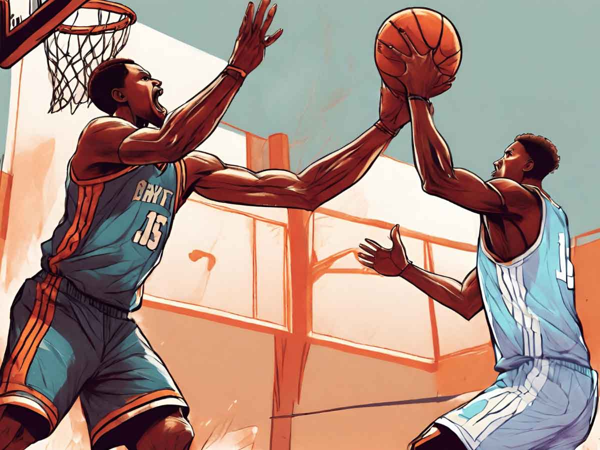 An illustration of two opposing basketball players battling for a loose ball.
