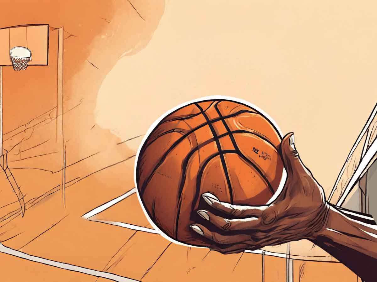An illustration close up of a basketball player's hand carrying the ball.