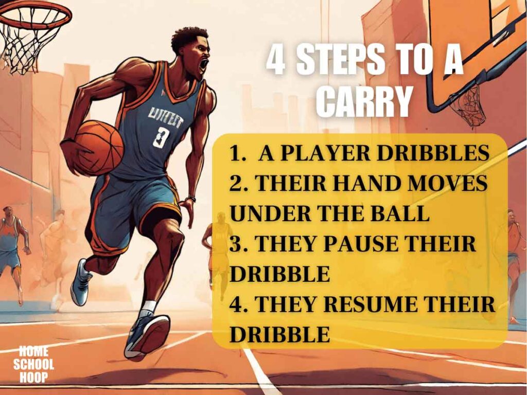A graphic that breaks down the 4 steps to a carry in basketball: 1. A Player Dribbles, 2. Their Hand Moves Under the Ball, 3. They Pause Their Dribble, 4. They Resume Their Dribble