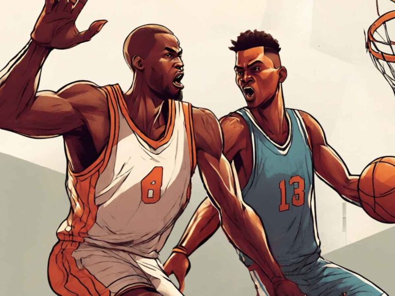 An illustration of a basketball defender committing a blocking foul on a ball-handler.