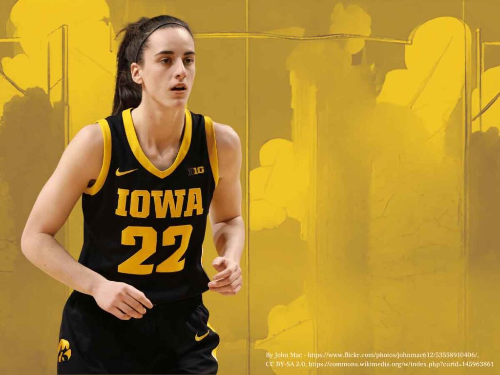 A photo of Caitlin Clark in an Iowa jersey in front of a yellow background.