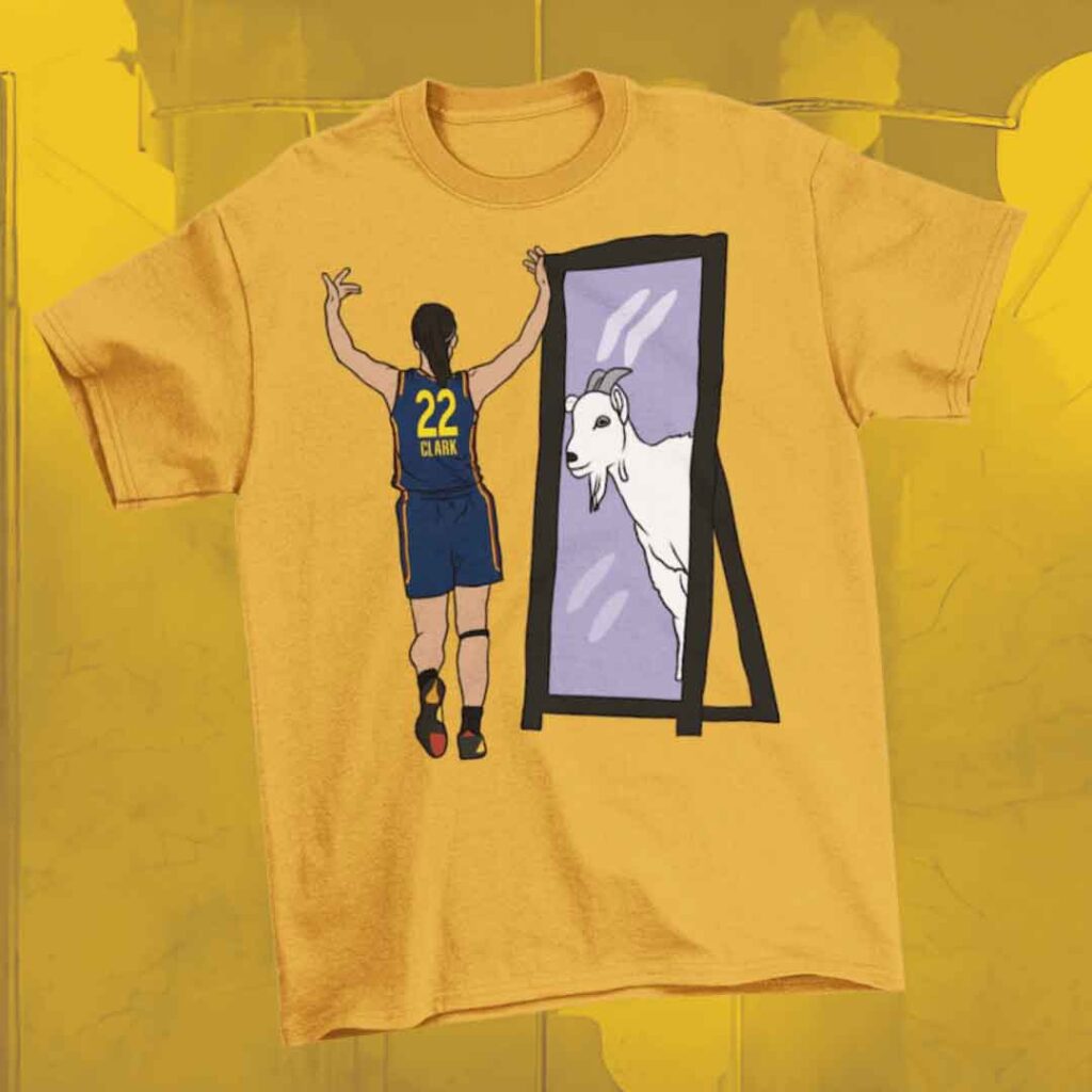 The Caitlin Clark Mirror GOAT (Indiana) T-Shirt by RatTrapTees over a yellow textured background.