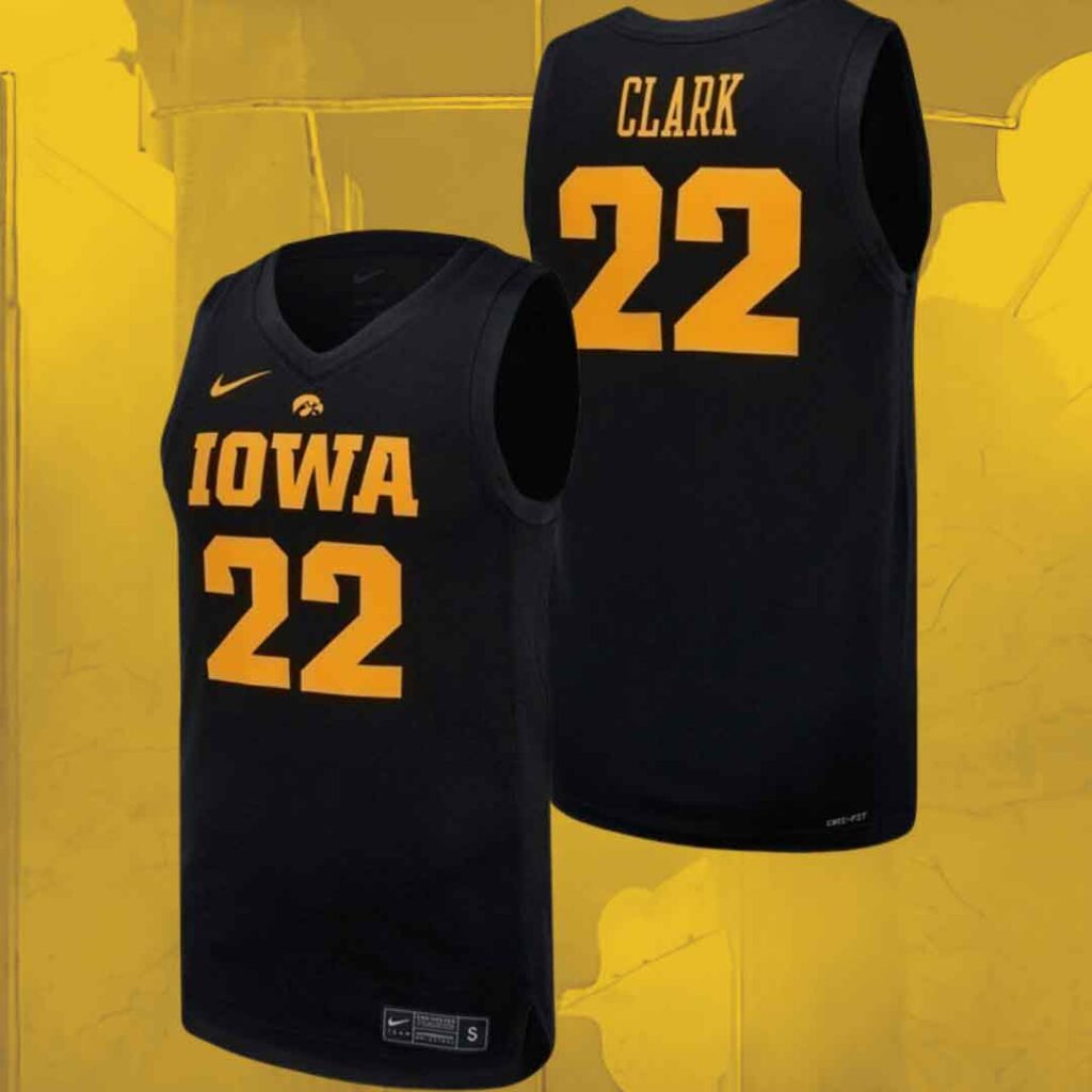 The Iowa Hawkeyes Caitlin Clark Black Nike Jersey over a yellow textured background.