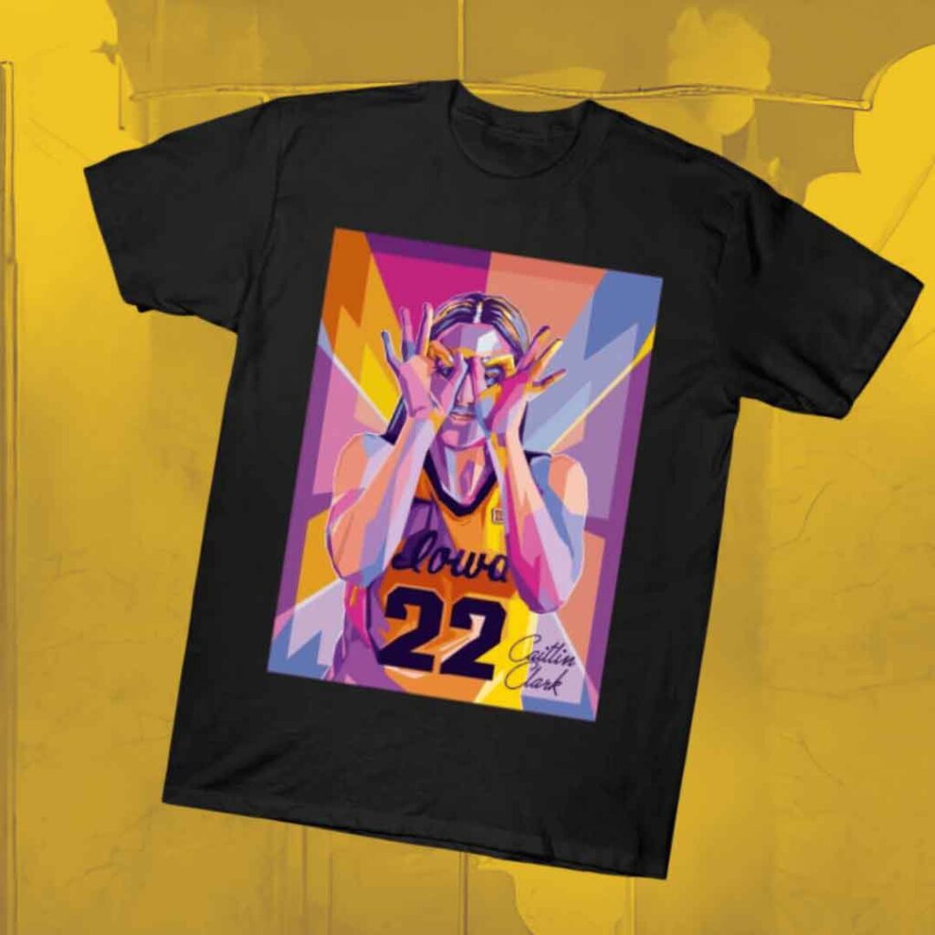 The Caitlin Clark Pop ART T-Shirt by Tee Public over a textured yellow background.