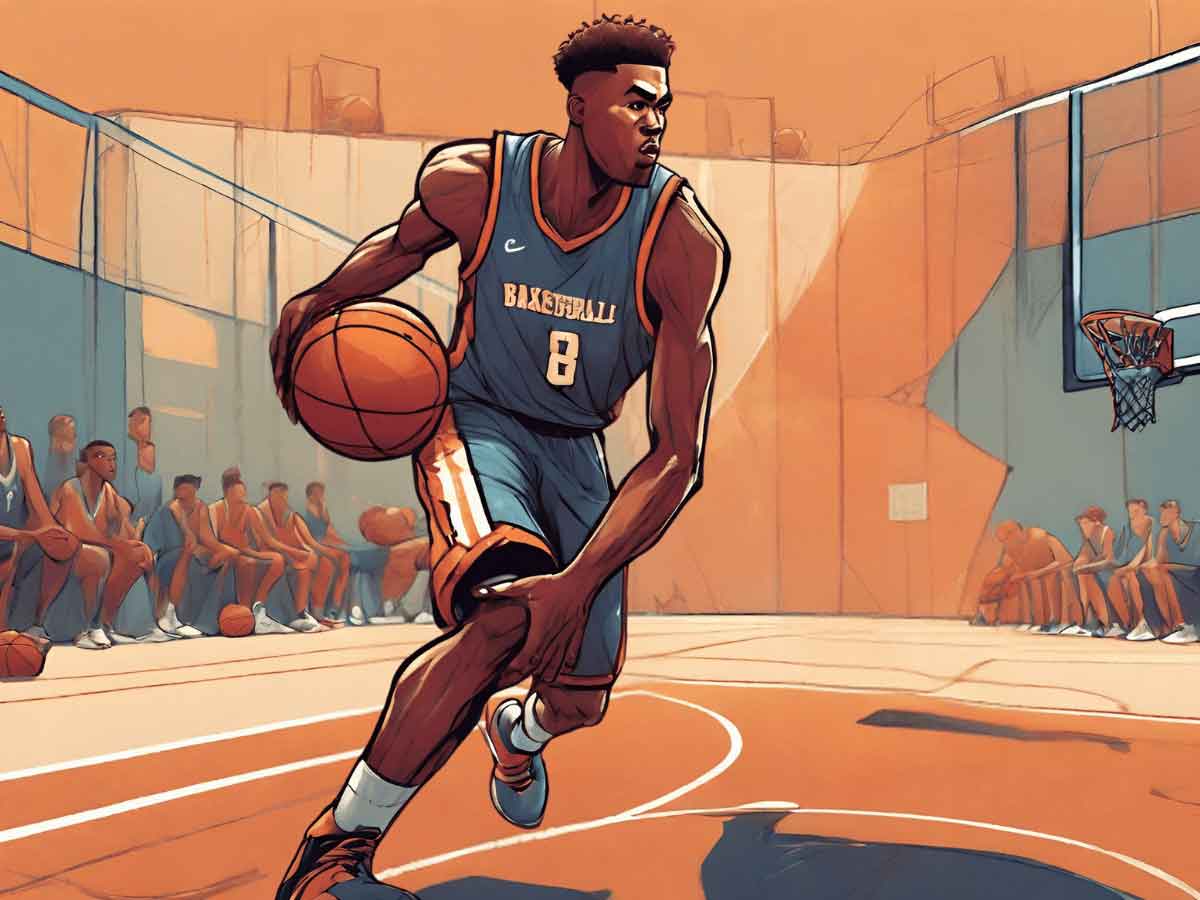An illustration of a basketball player dribbling.