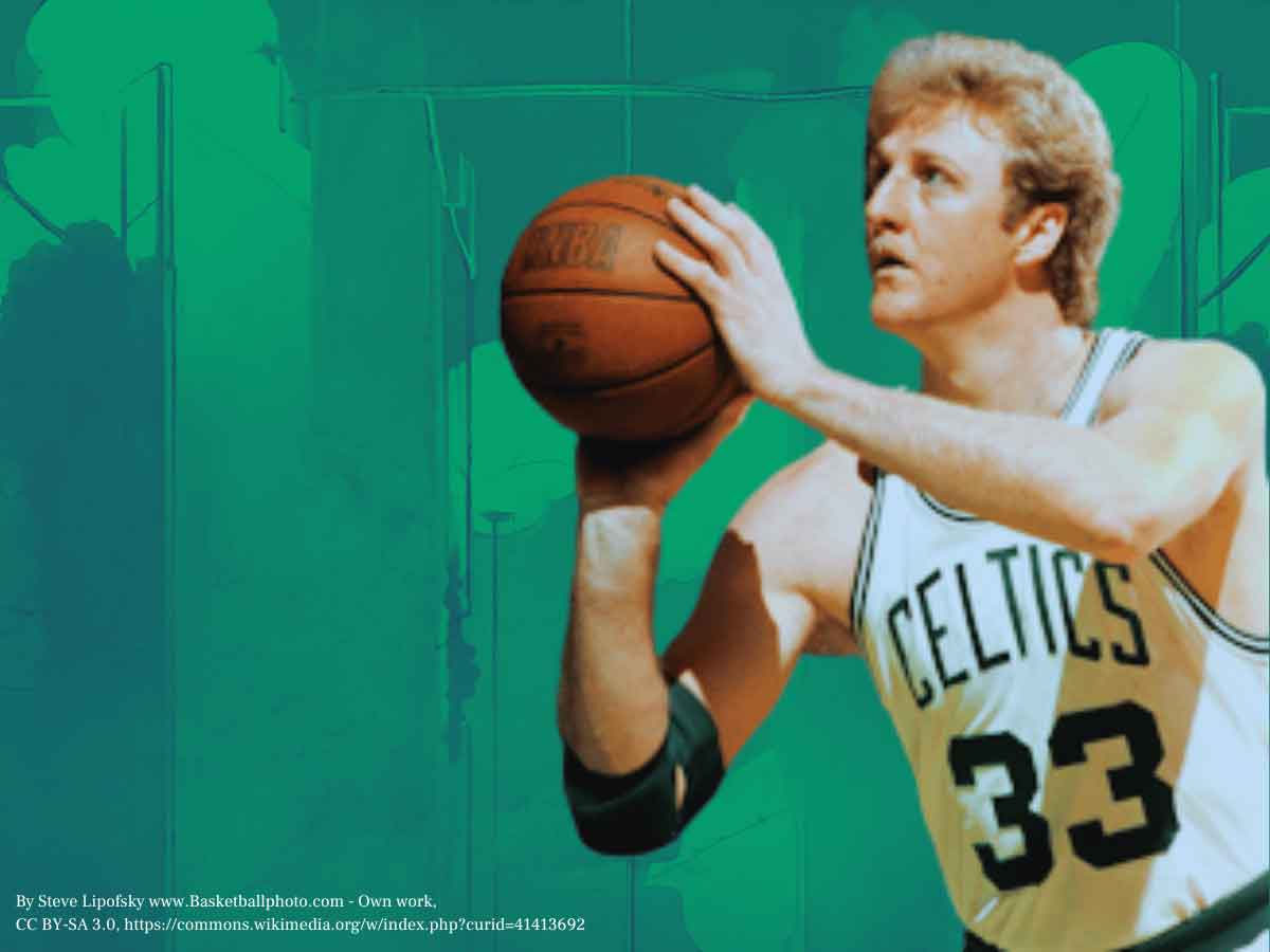 A photo of Larry Bird shooting a free throw, over a green background.