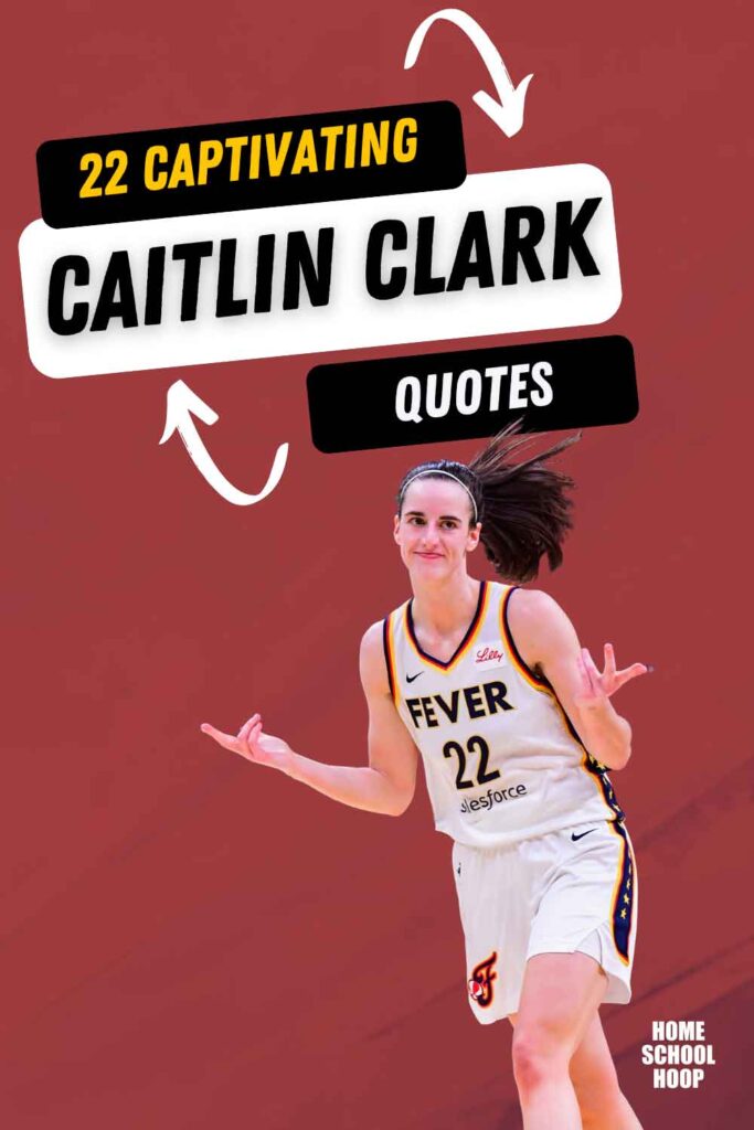 A photo of Caitlin Clark celebrating after a made shot. Behind her is a vibrant red background. Text reads: 22 Captivating Caitlin Clark Quotes