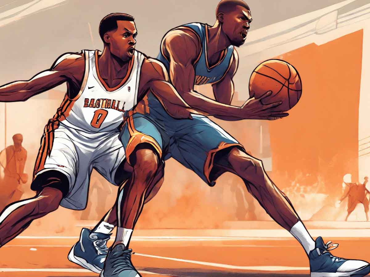 An illustration of a basketball player reaching in against an opponent.