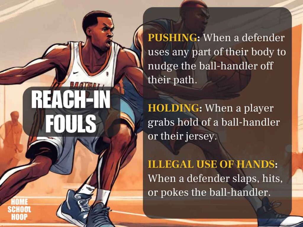 A graphic that explains the types of reach in fouls. Reads: Pushing: When a defender uses any part of their body to nudge the ball-handler off their path. Holding: When a player grabs hold of a ball-handler or their jersey. Illegal Use of Hands: When a defender slaps, hits, or pokes the ball-handler.