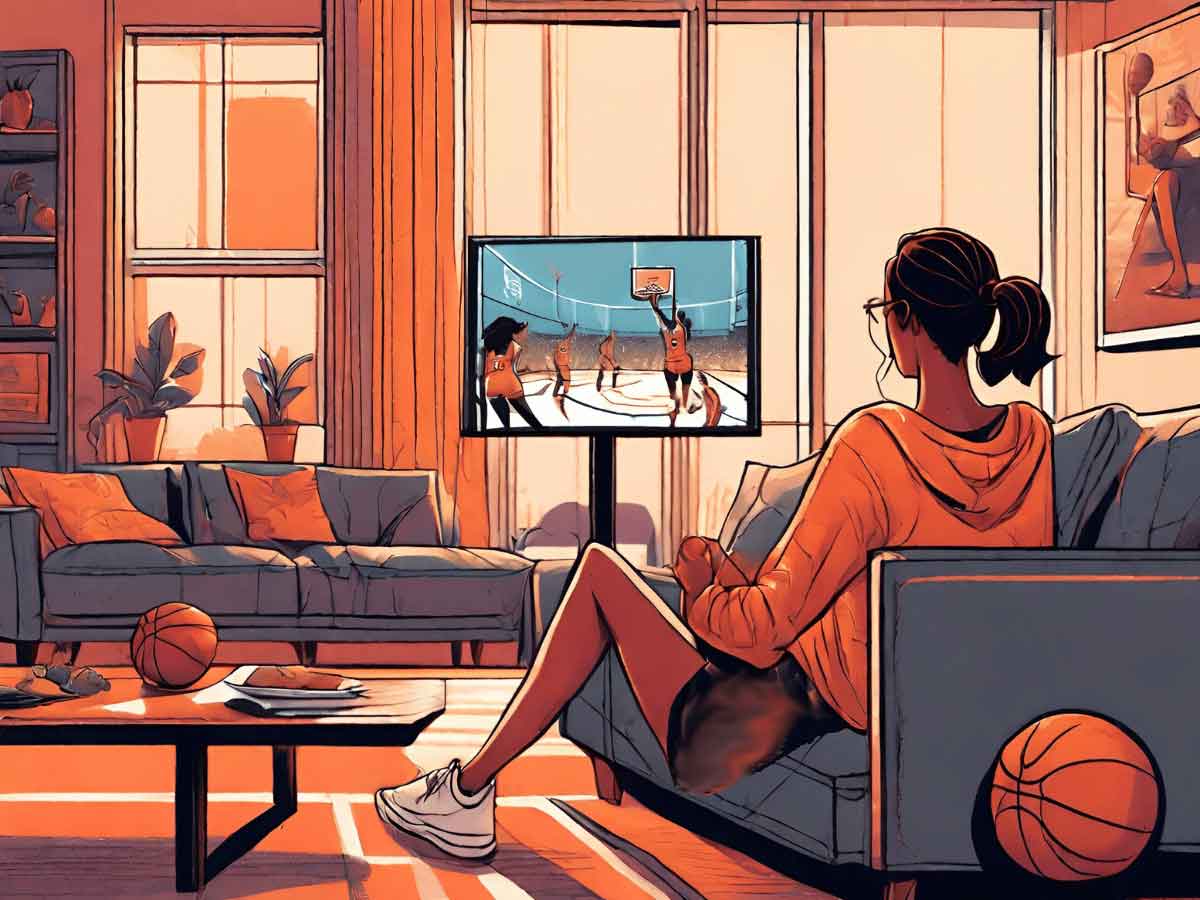 An illustration of a woman sitting on a couch in her living room watching a WNBA game on TV.