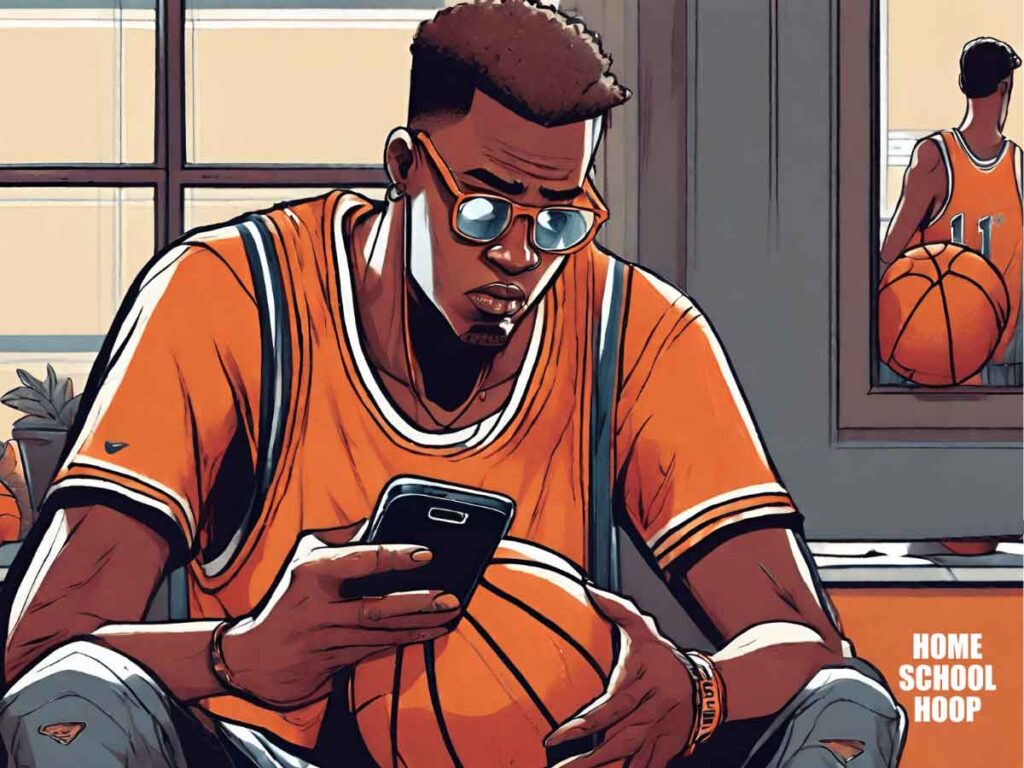 An illustration of a young man sitting in his living room looking at his cell phone.