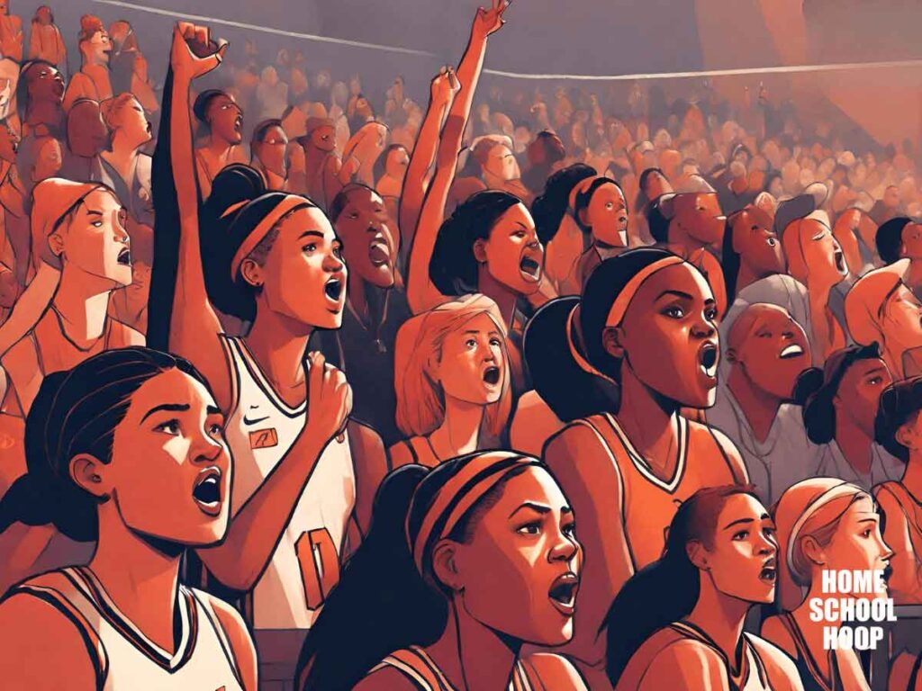 An illustration of young fans in the crowd at a WNBA game.