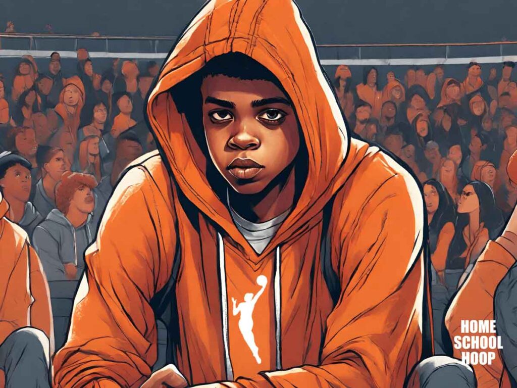 A young man sitting in a crowd at a basketball game while wearing an orange WNBA hoodie.