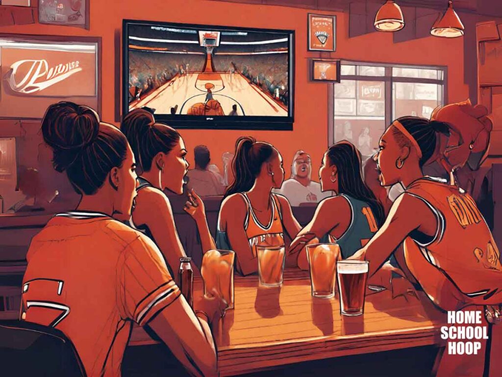 An illustration of a group of women in a sports bar watching the WNBA on TV.