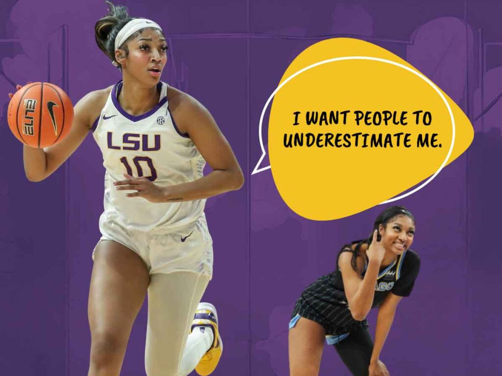 Two photos of Angel Reese, one of her dribbling a basketball and the other smiling and pointing upward, in front of a purple background. A text bubble reads: "I want people to underestimate me."