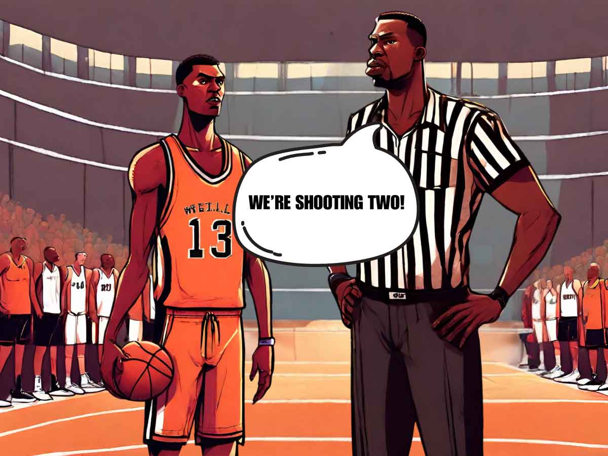 An illustration of a basketball referee standing beside a basketball player. A text bubble from the referee reads: "We're shooting two!"