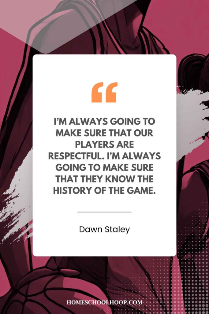 A Dawn Staley quote graphic that reads: "I’m always going to make sure that our players are respectful. I’m always going to make sure that they know the history of the game."
