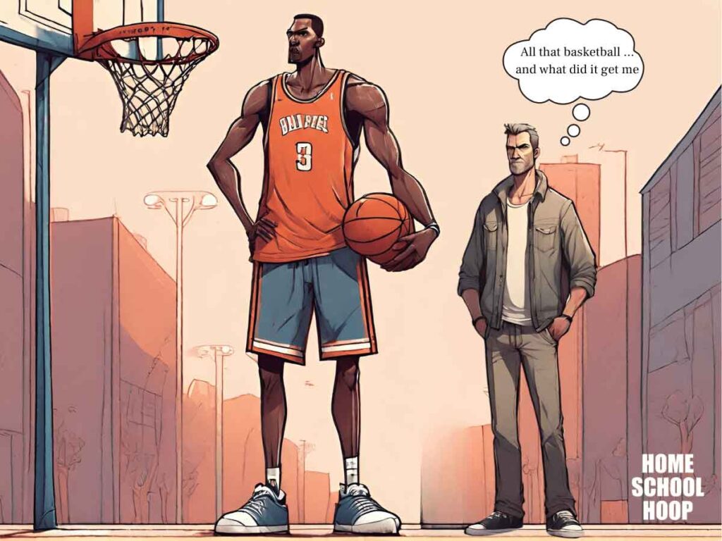 A meme image showing a very tall male basketball player standing next to a much shorter man in casual attire. A thought bubble coming from the casual man reads: All that basketball ... and what did it get me