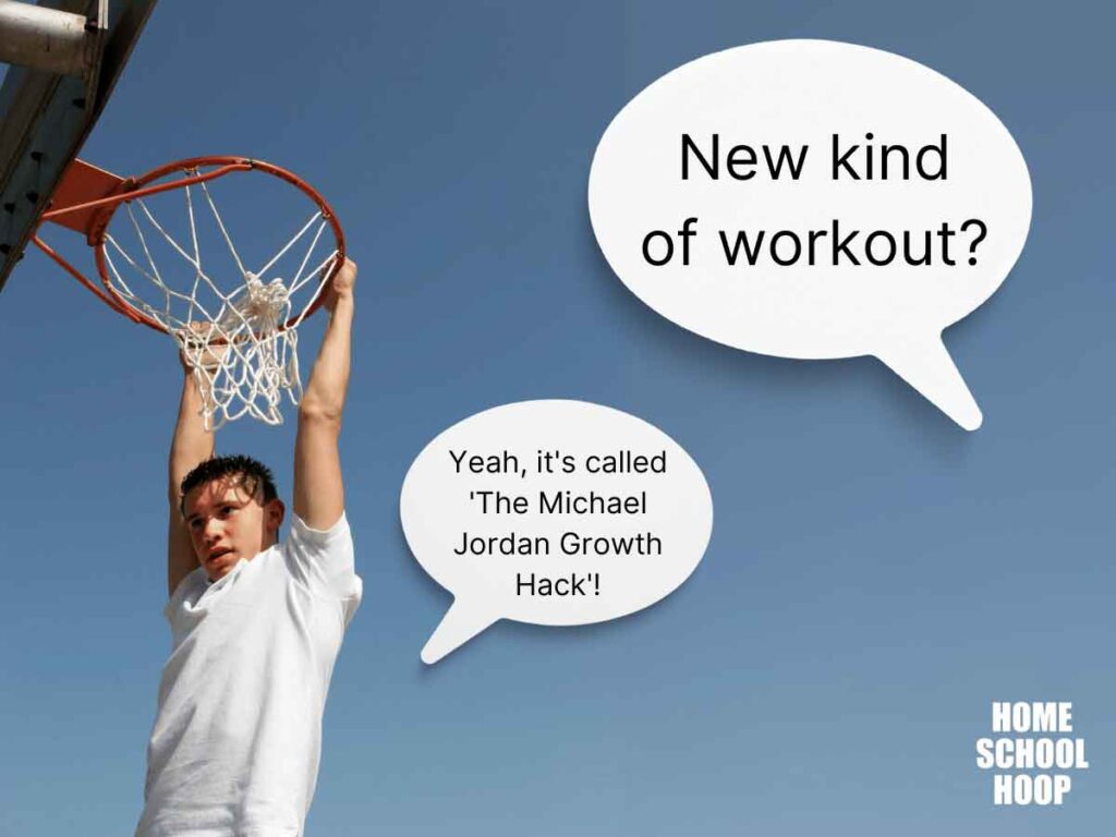 A meme image showing a young man hanging from a basketball rim. One text bubble reads: New kind of work? Another text bubble reads: Yeah, it's called 'The Michael Jordan Growth Hack'!