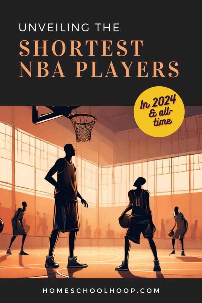 A 1000x1500 image that reads: "Unveiling The Shortest NBA Players. In 2024 & all-time." Below, an illustration of the silhouette of male basketball players.