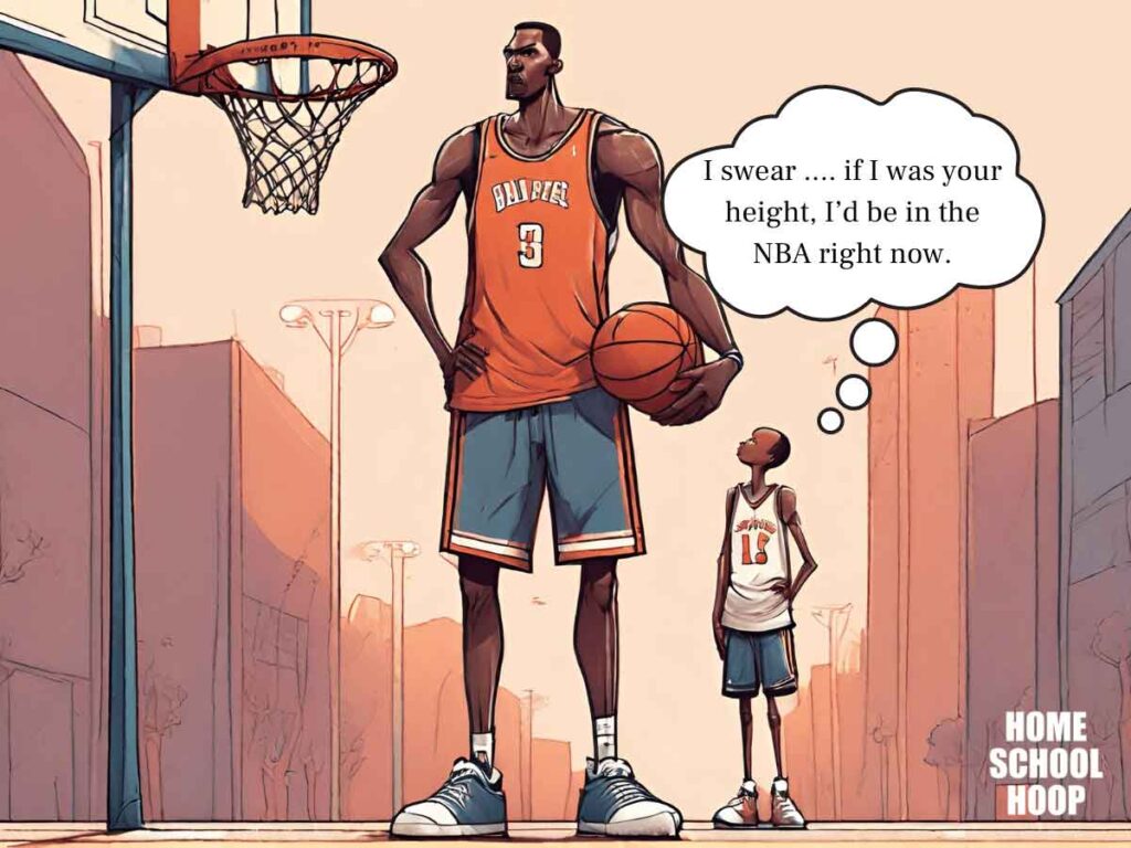 A meme image showing a very tall male basketball player standing next to a much shorter basketball player. A thought bubble coming from the shorter player reads: I swear ... if I was your height, I'd be in the NBA right now.