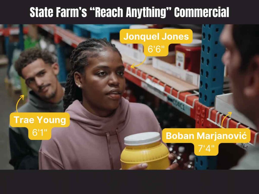 A still from the State Farm "Reach Anything" Commercial with basketball players Boban Marjanović, Trae Young, and Jonquel Jones.