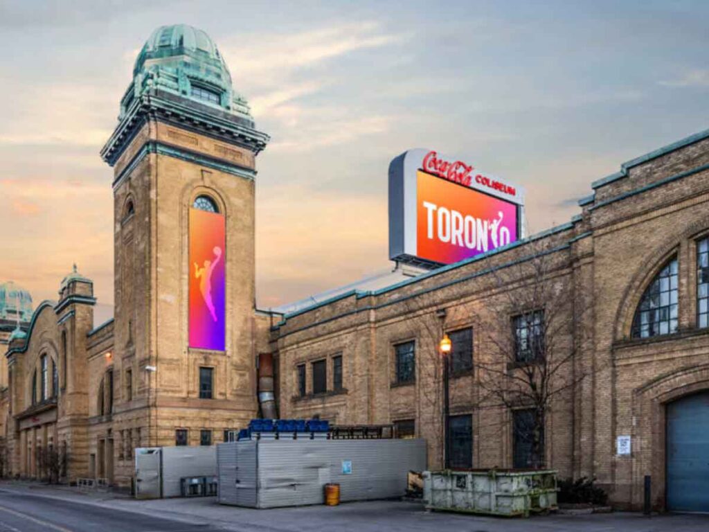 A photo of the Coca Cola Coliseum in downtown Toronto, with WNBA Toronto signage.