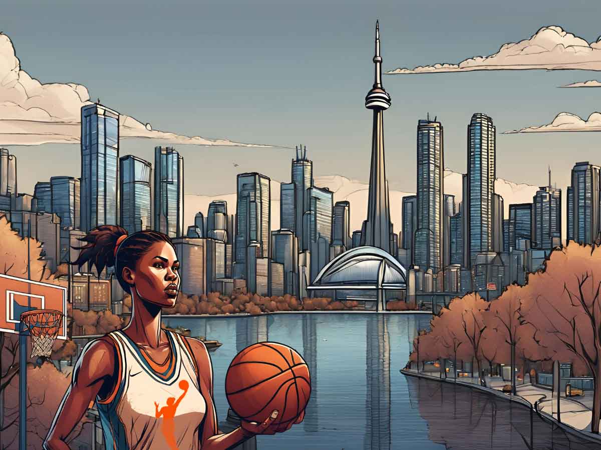 An illustration of a WNBA player in the foreground of the downtown Toronto skyline.