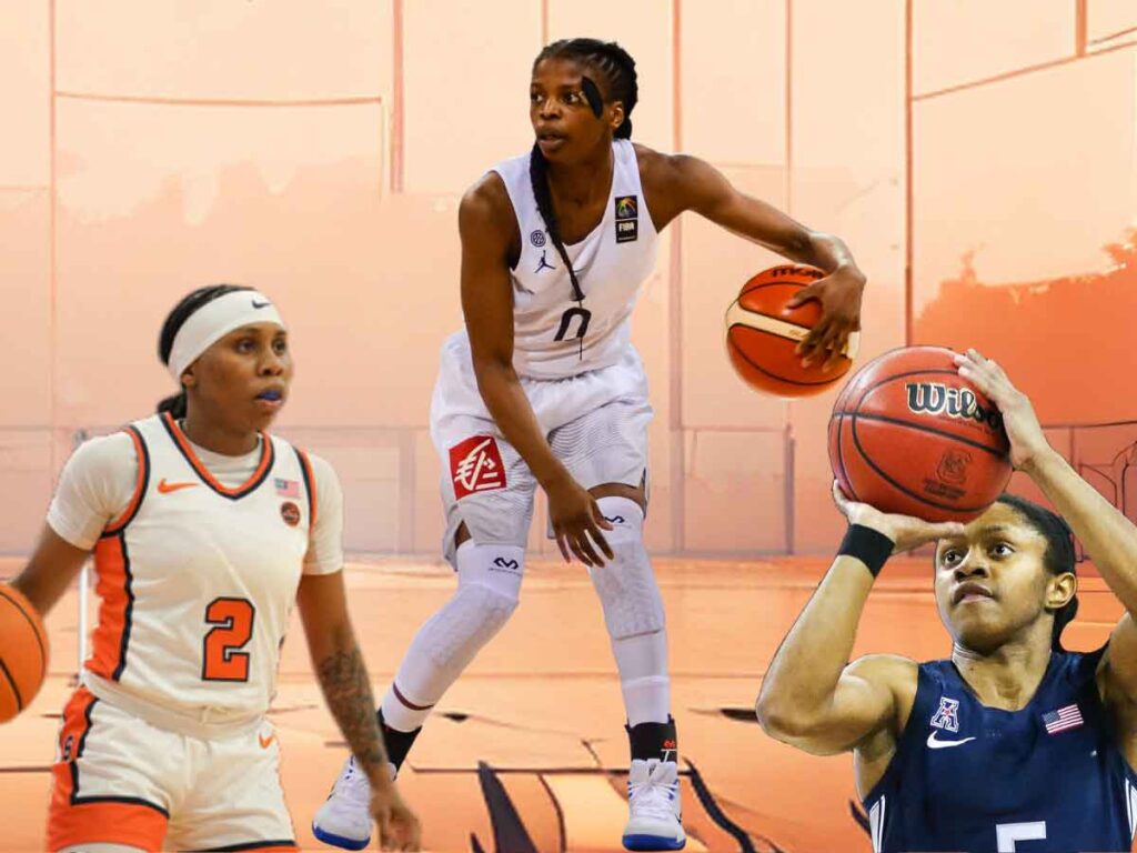 An illustration of a basketball court overlayed with photographs of Dyaisha Fair, Olivia Époupa, and Crystal Dangerfield.