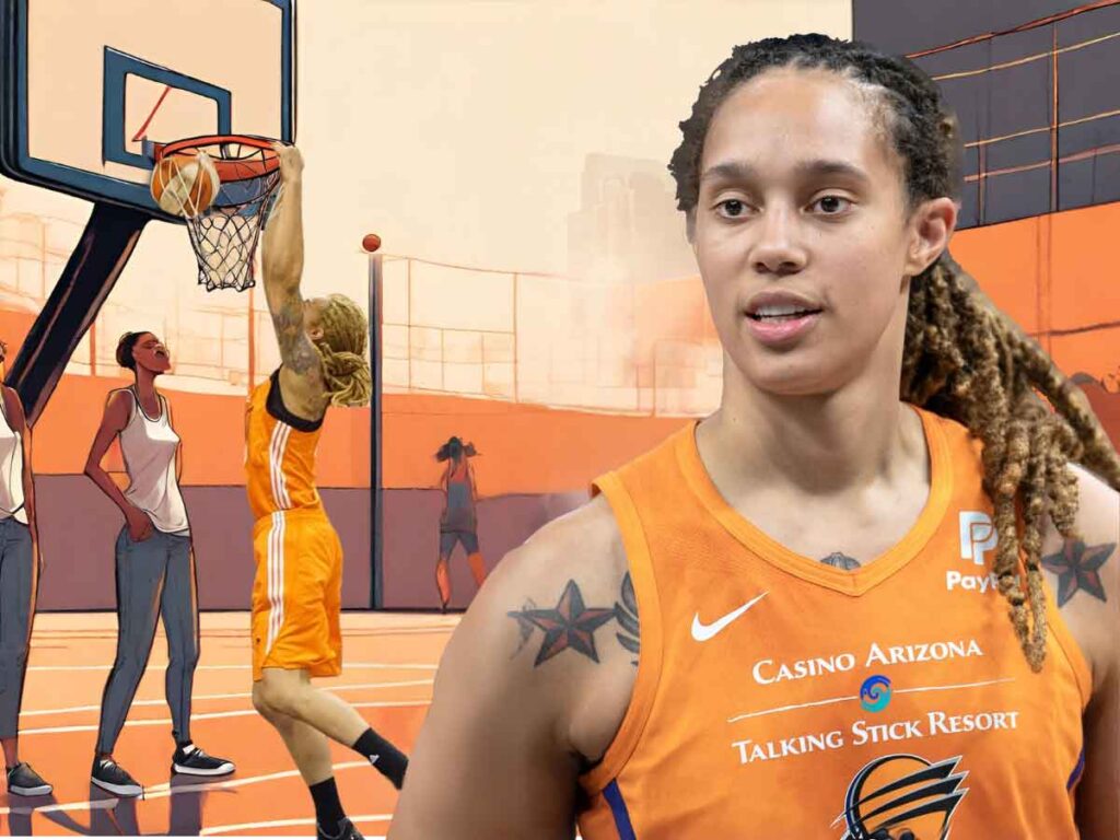 An illustration of a basketball court overlayed by photos of Brittney Griner, the tallest WNBA player in 2024.