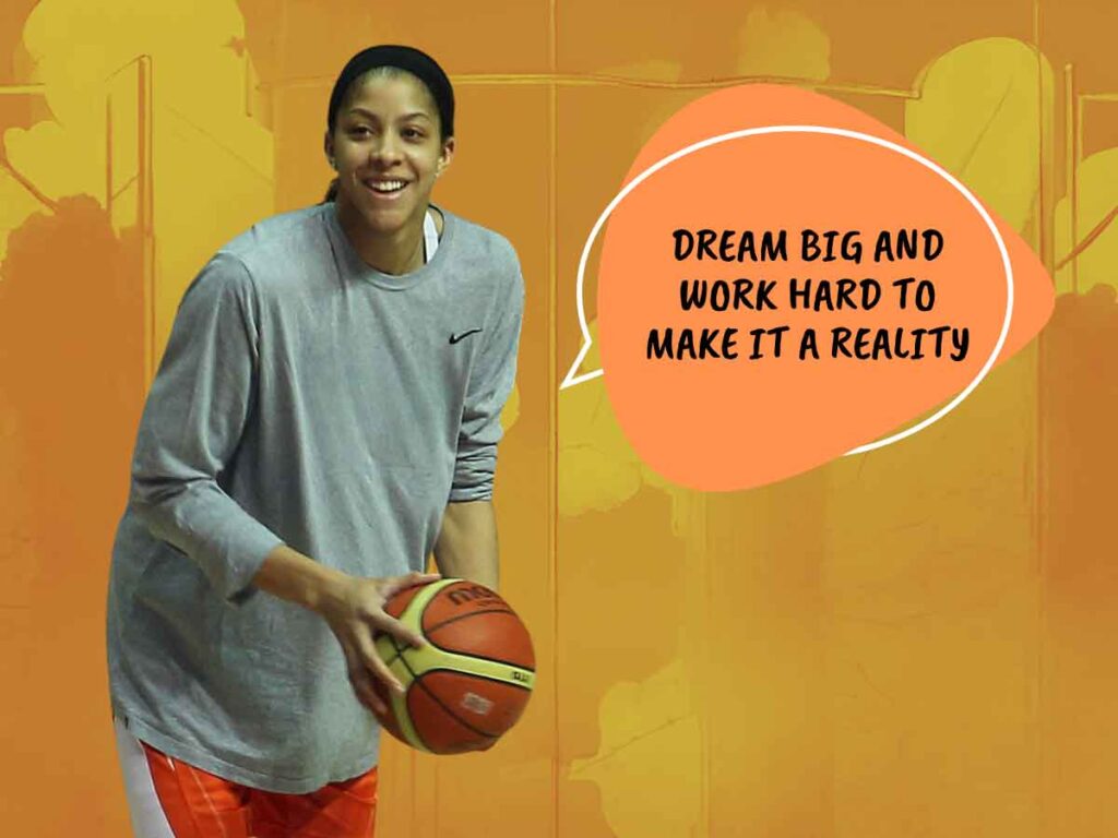 A graphic with a photo of Candace Parker in front of an orange background. A text bubble reads: Dream big and work hard to make it a reality