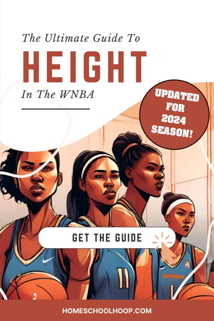 A 1000x1500 image with an illustration of tall WNBA players. Text reads: The Ultimate Guide to Height in the WNBA. Updated for 2024 Season! Get the Guide. HomeSchoolHoop.com