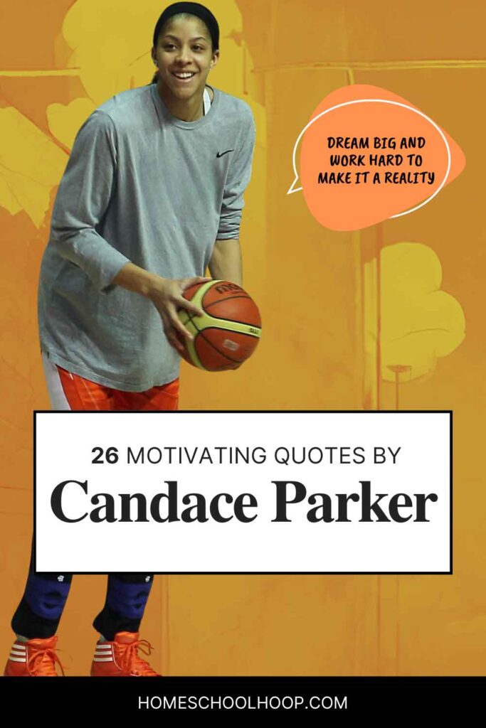 A 1000x1500 graphic with a photo of Candace Parker in front of an orange background. Text overlay reads: 26 Motivating Quotes by Candace Parker