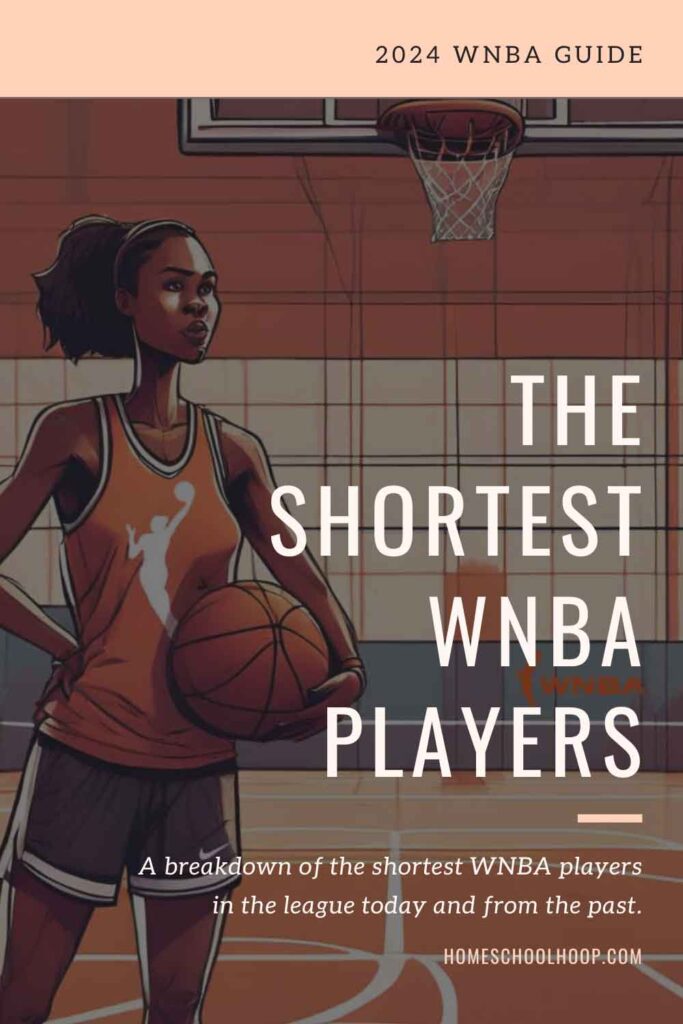 A 1000x1500 image with an illustration of a WNBA player in the foreground of an indoor basketball gym. Text reads: The Shortest WNBA Players, A breakdown of the shortest WNBA players in the league today and from the past.