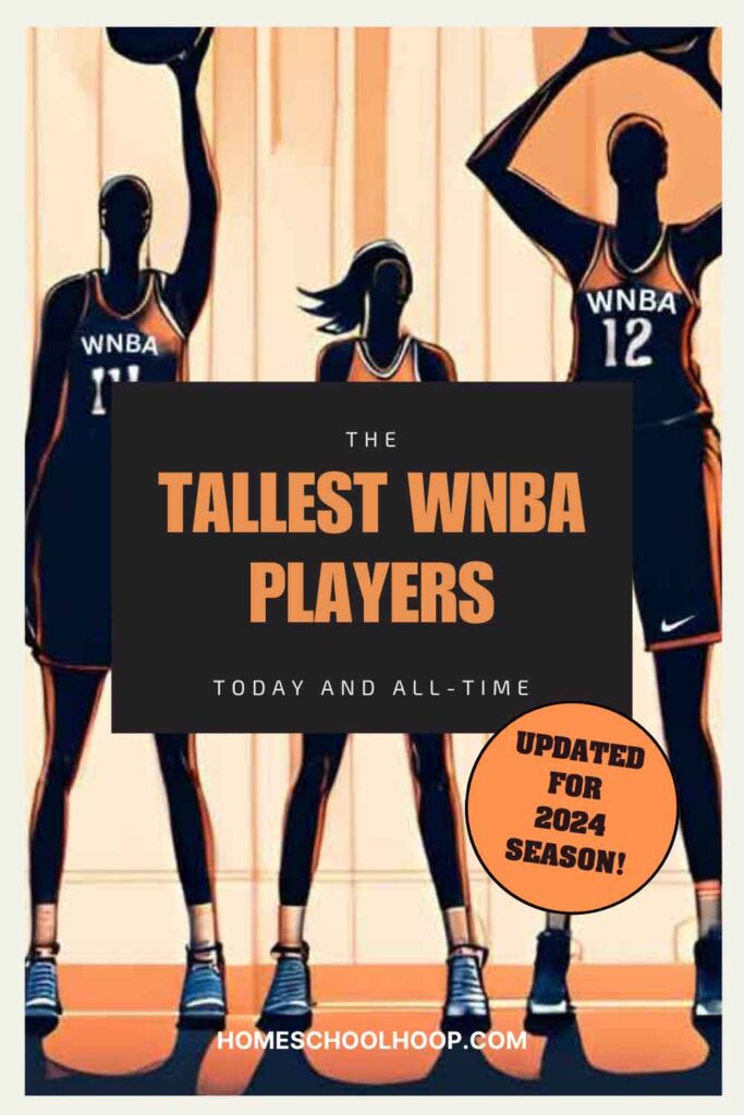 A 1000x1500 image with an illustration of tall WNBA players holding basketballs. Text reads: The Tallest WNBA Players Today and All-Time. Updated for 2024 Season, HomeSchoolHoop.com