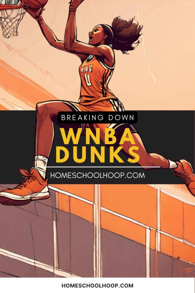 A 1000x1500 graphic featuring an illustration of a woman basketball player dunking. A text overlay reads: Breaking Down WNBA Dunks