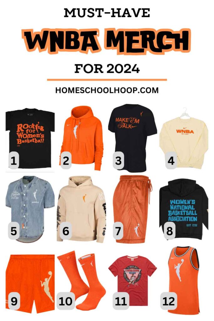 A 1000x1500 graphic that features a gallery of 12 new WNBA items for 2024. The text at top reads: Must-Have WNBA Merch for 2024, HomeSchoolHoop.com
