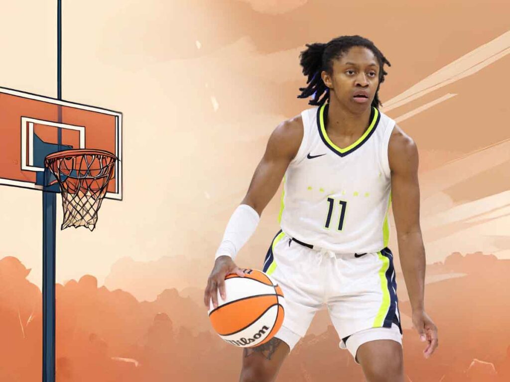 A photo of Crystal Dangerfield, the shortest WNBA player on the Atlanta Dream, dribbling a basketball. Behind her, an illustration of a basketball court.