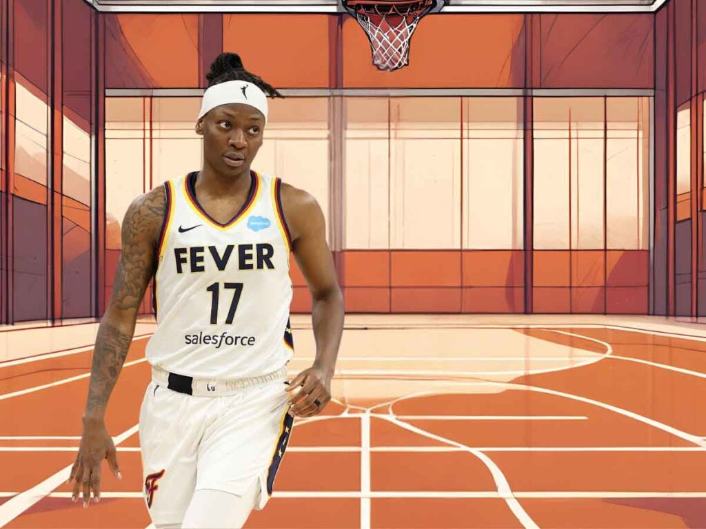 A photo of Erica Wheeler, the shortest WNBA player on the Indiana Fever. Behind her, an illustration of a basketball court with players in silhouette.