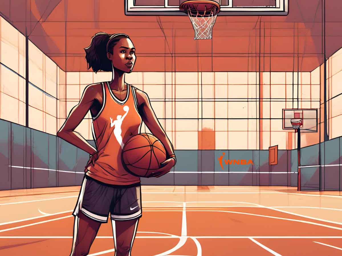 An illustration of a short WNBA player standing with a basketball inside an indoor gym.