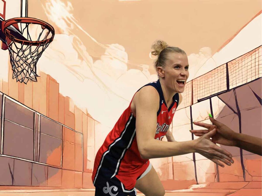 A photo of Julia Vanloo, the shortest WNBA player on the Washington Mystics, giving a high-five to a teammate. Behind her, an illustration of an outdoor basketball court.