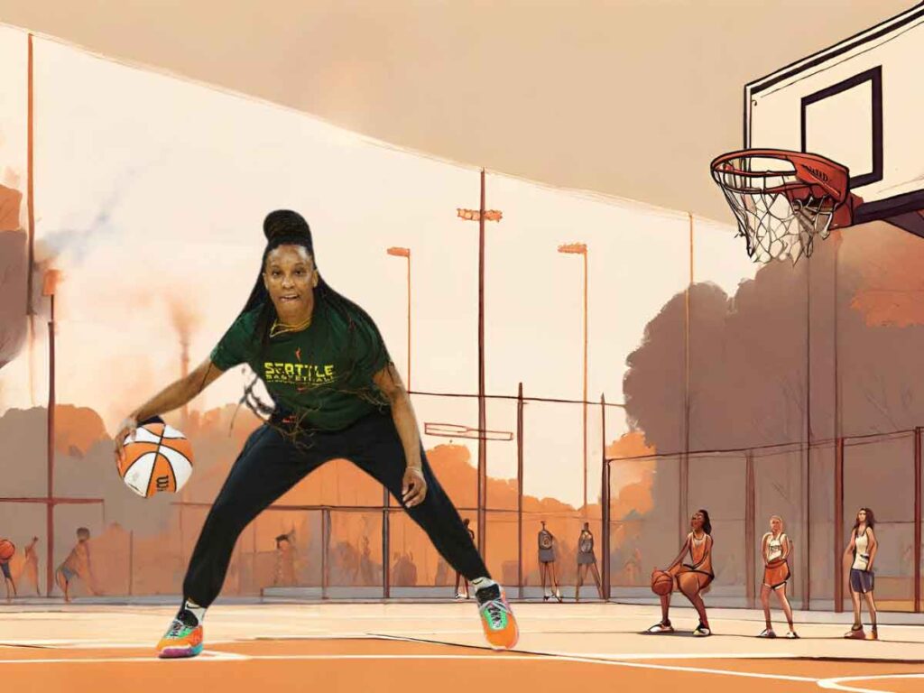 A photo of Kiana Williams, the shortest WNBA player on the Seattle Storm. Behind her, an illustration of an outdoor basketball court.