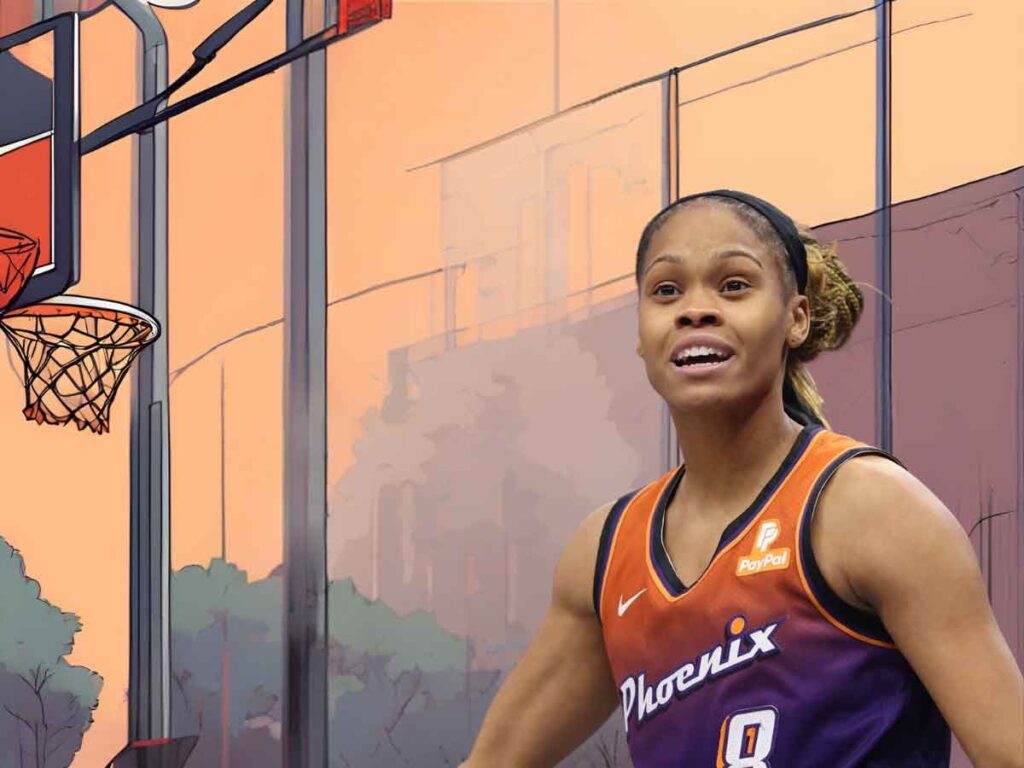 A photo of Moriah Jefferson, the shortest WNBA player on the Connecticut Sun. Behind her, an illustration of a basketball court.