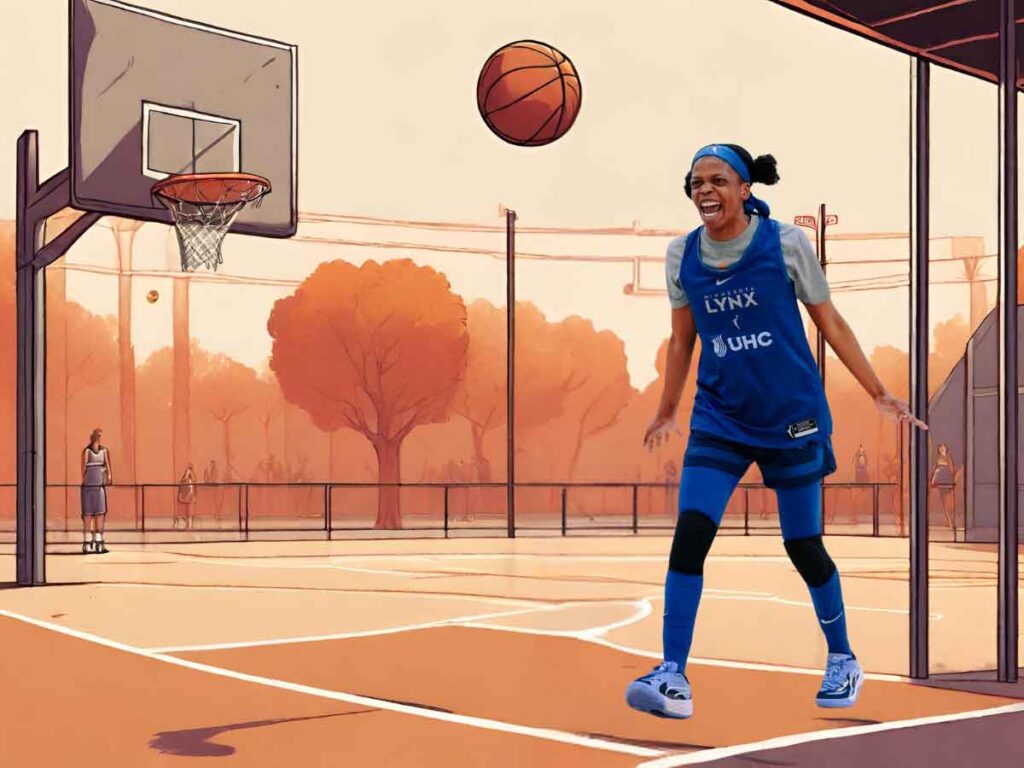 A photo of Olivia Époupa, the shortest WNBA player on the Minnesota Lynx. Behind her, an illustration of an outdoor basketball court.